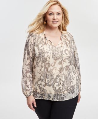 JM Collection - Plus Size Paisley-Print Chiffon Tie-Neck Top