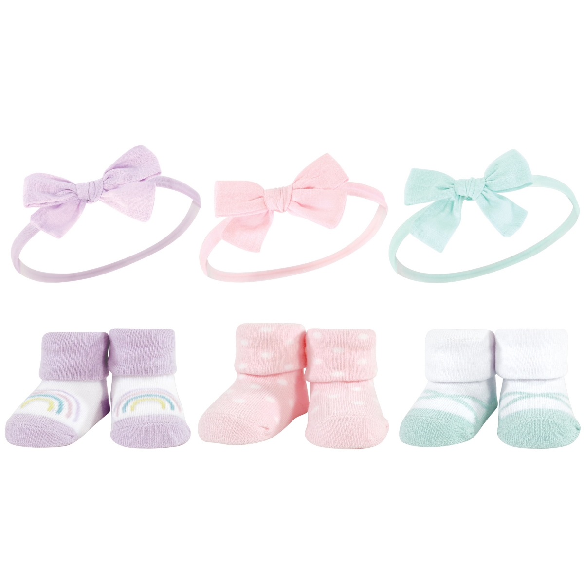 Hudson Baby Infant Girl 12Pc Headband and Socks Giftset, One Size - Purple mint rainbow