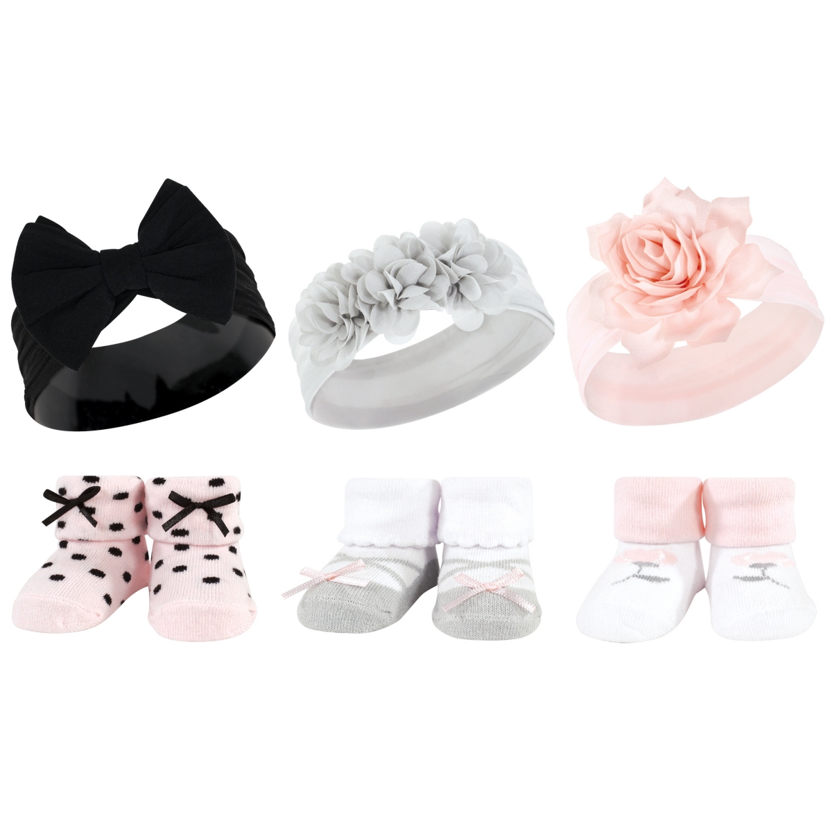 Hudson Baby Infant Girl 12Pc Headband and Socks Giftset, One Size - Pink black gray