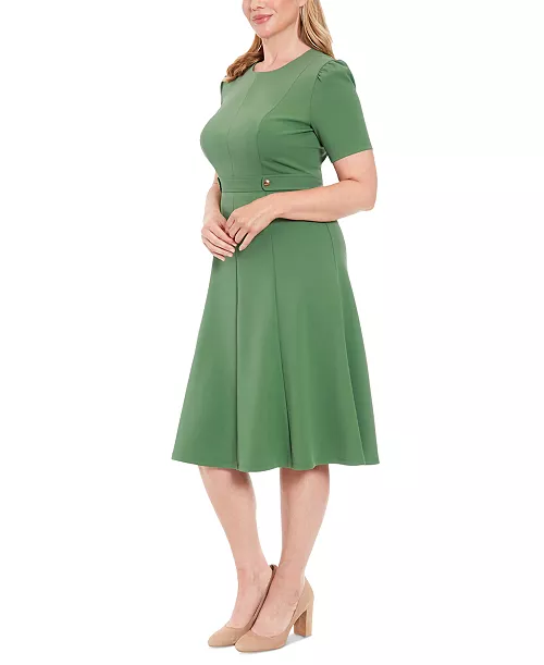 women's puff-sleeve tab-detail fit & flare dress