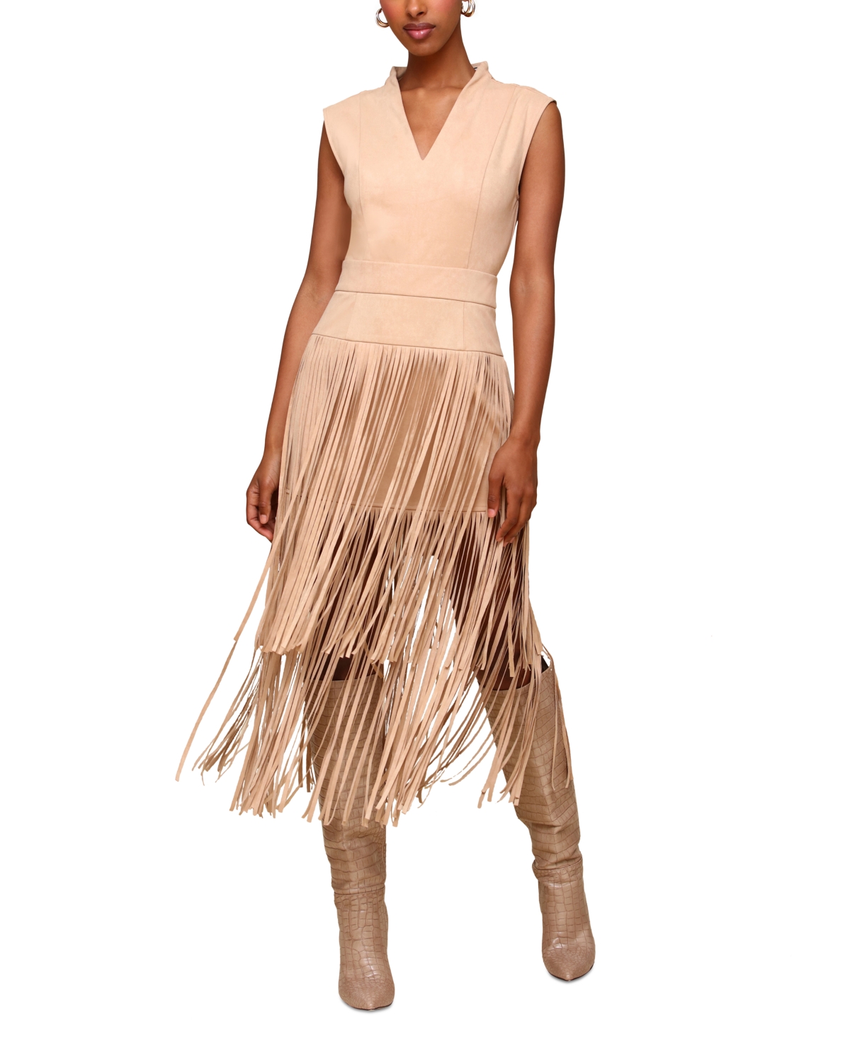 Avec Les Filles Sleeveless Fringe Dress In Biscuit