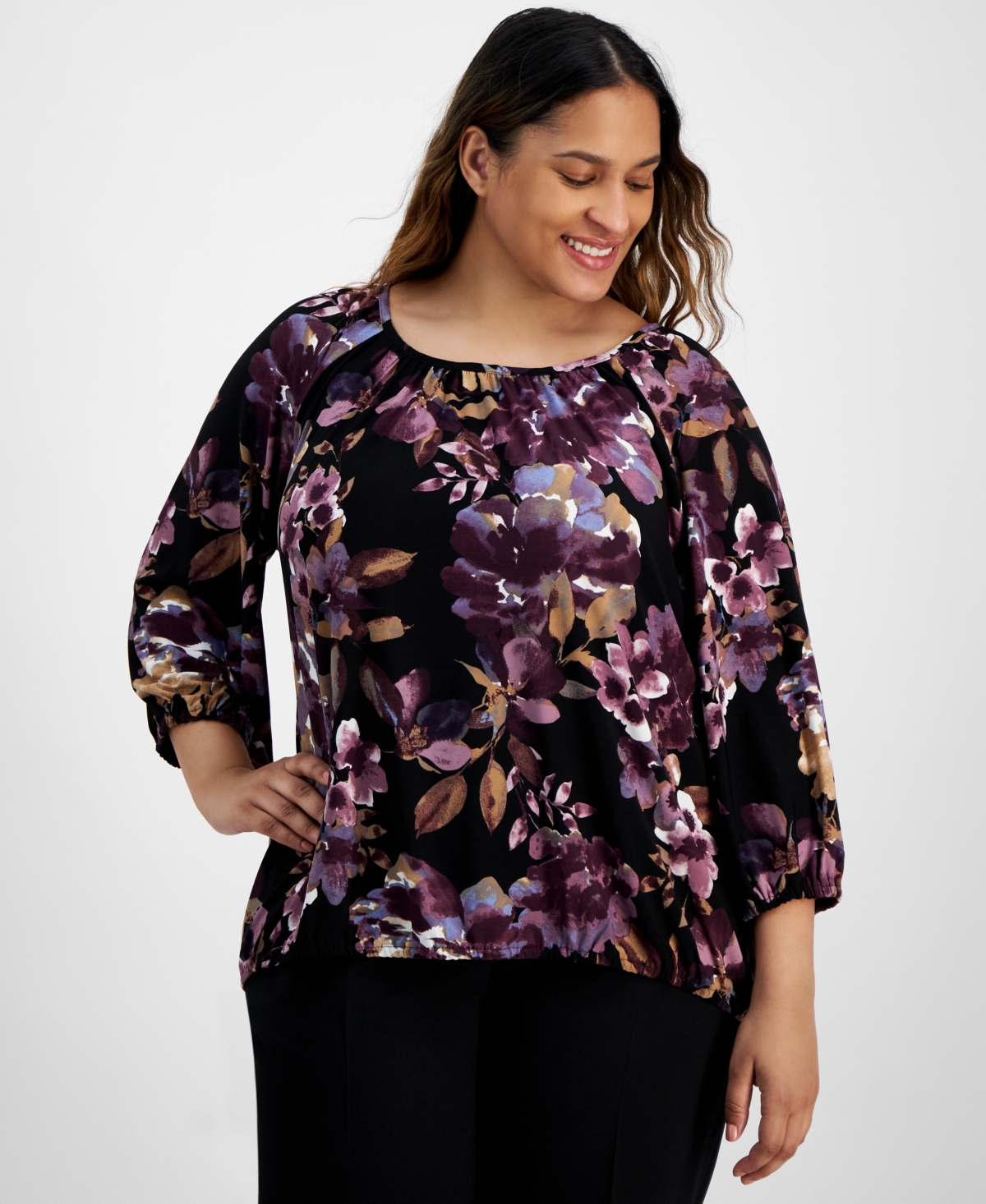 ANNE KLEIN ANNE KLEIN PLUS SIZE 3/4-SLEEVE PEASANT SHIRT 