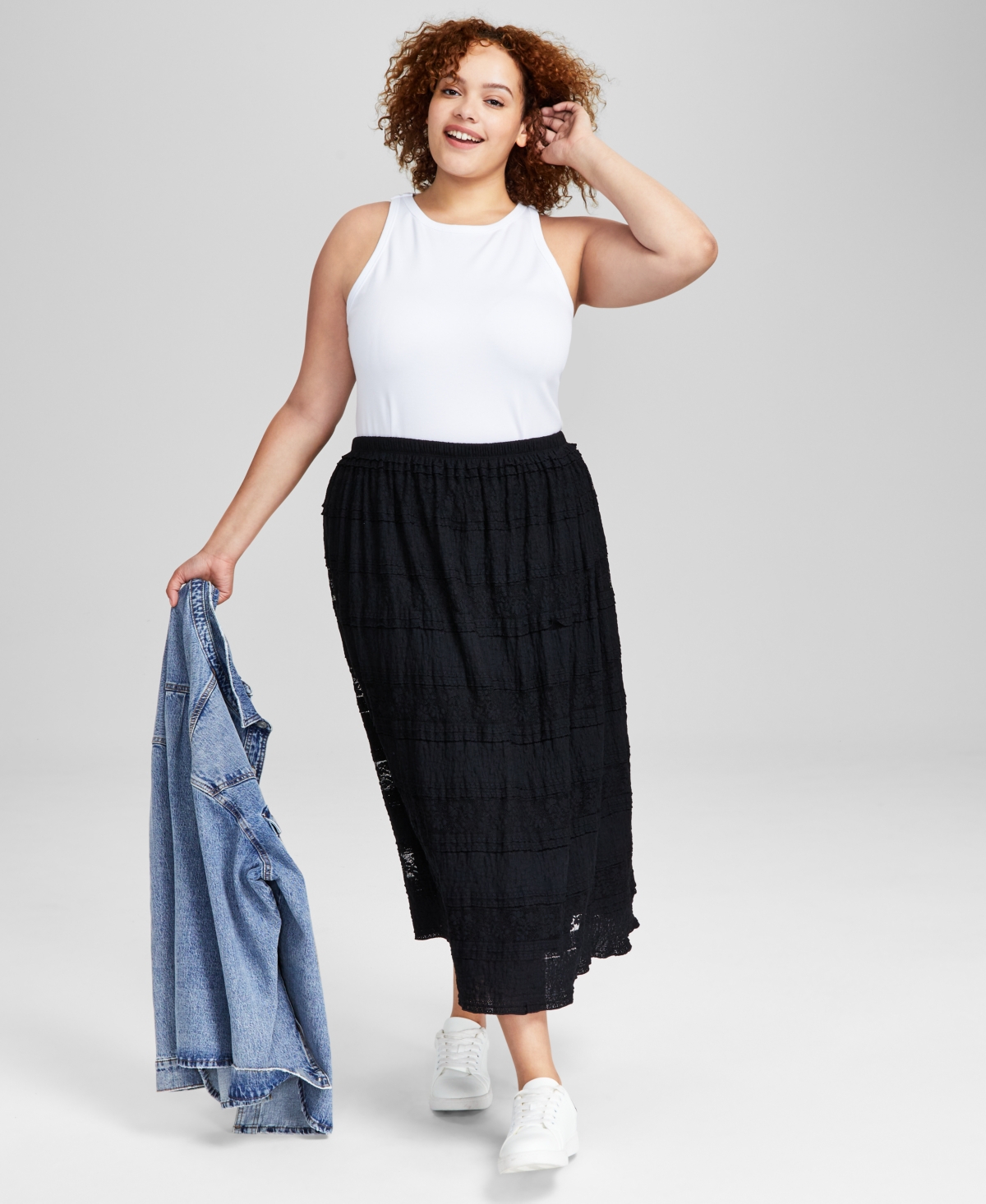 Trendy Plus Size Tiered Lace-Inset Skirt, Created for Macy's - Black
