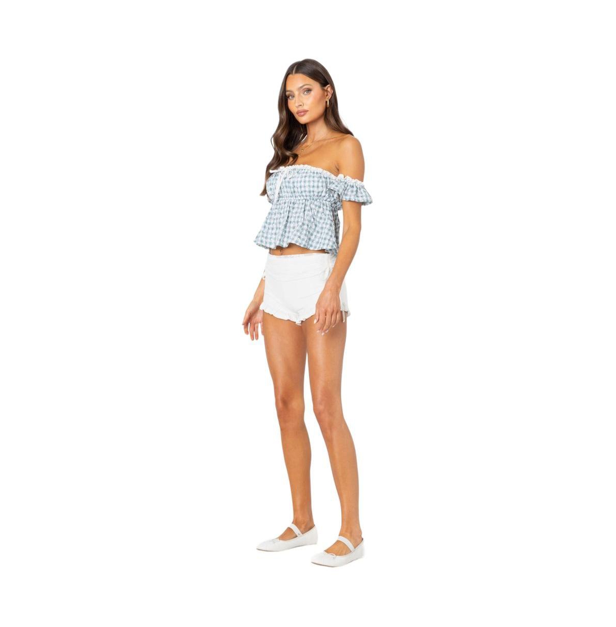 Edikted Women's Lacey ruffle trim fold over shorts