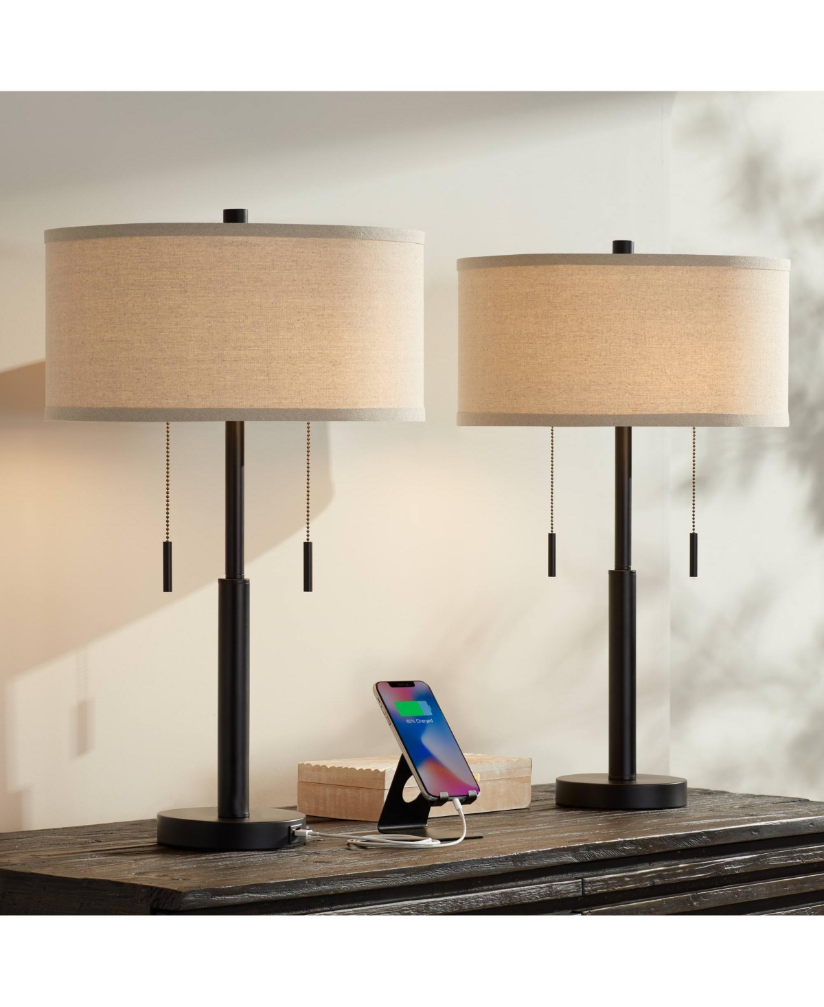 Franklin Iron Works Bernie Industrial Nightstand Table Lamp High Set of 2 with Hotel Style Usb Charging Port Rich Bronze Metal Fabric Drum Shade f