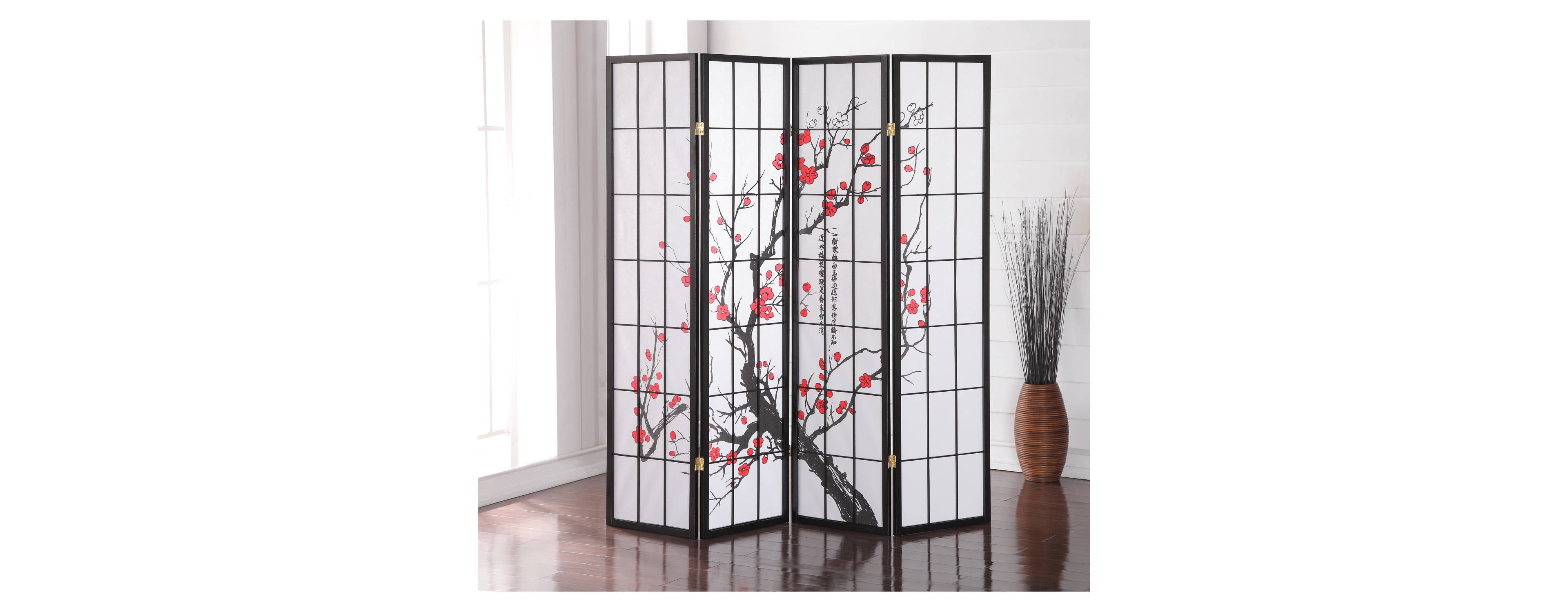 Black Japanese 4-Panel Screen Room Divider, Plum Blossom