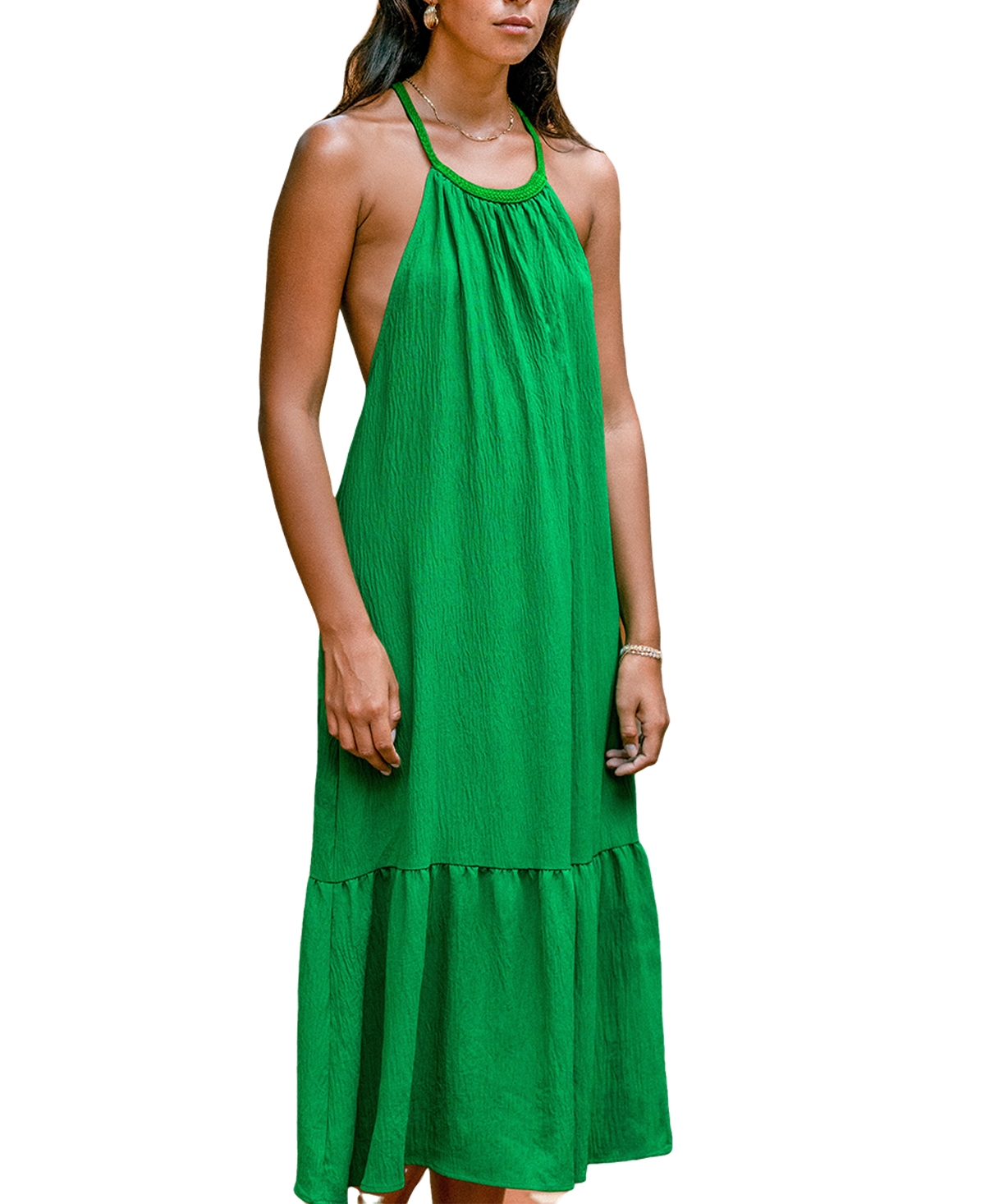 Women's Emerald Green Backless Maxi Beach Dress - Dark green