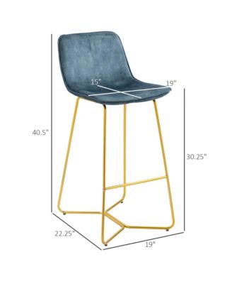 Tall Bar Stools, Set of 2, Velvet-Touch Fabric Bar Chairs, 25.5" Bar Height Stools with Gold-Tone Metal Legs for Dining Area, Home Bar, Blue