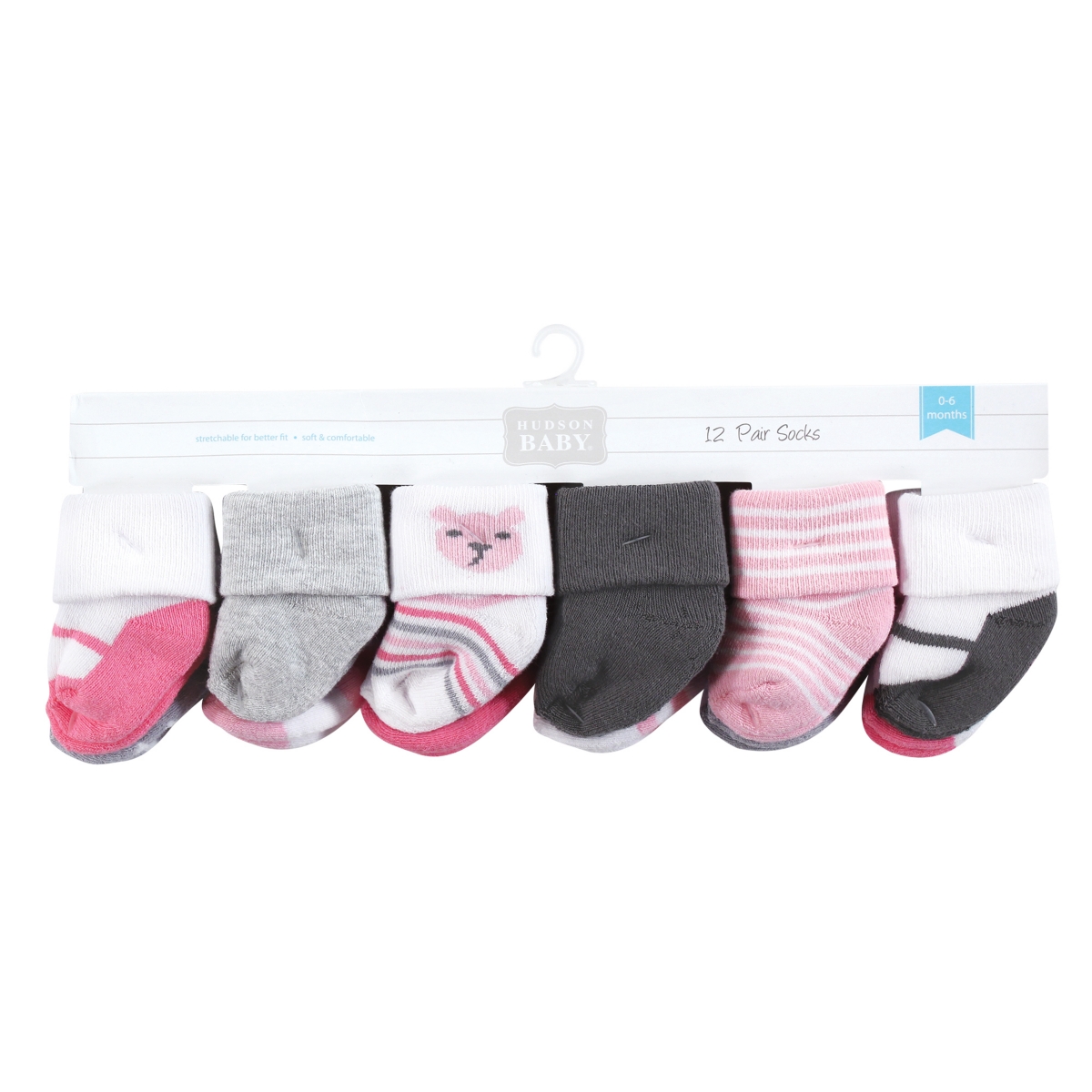 Hudson Baby Baby Girls Hudson Grow with Me Cotton Terry Socks, Bear Girl, 0-6 and 6-12 Months