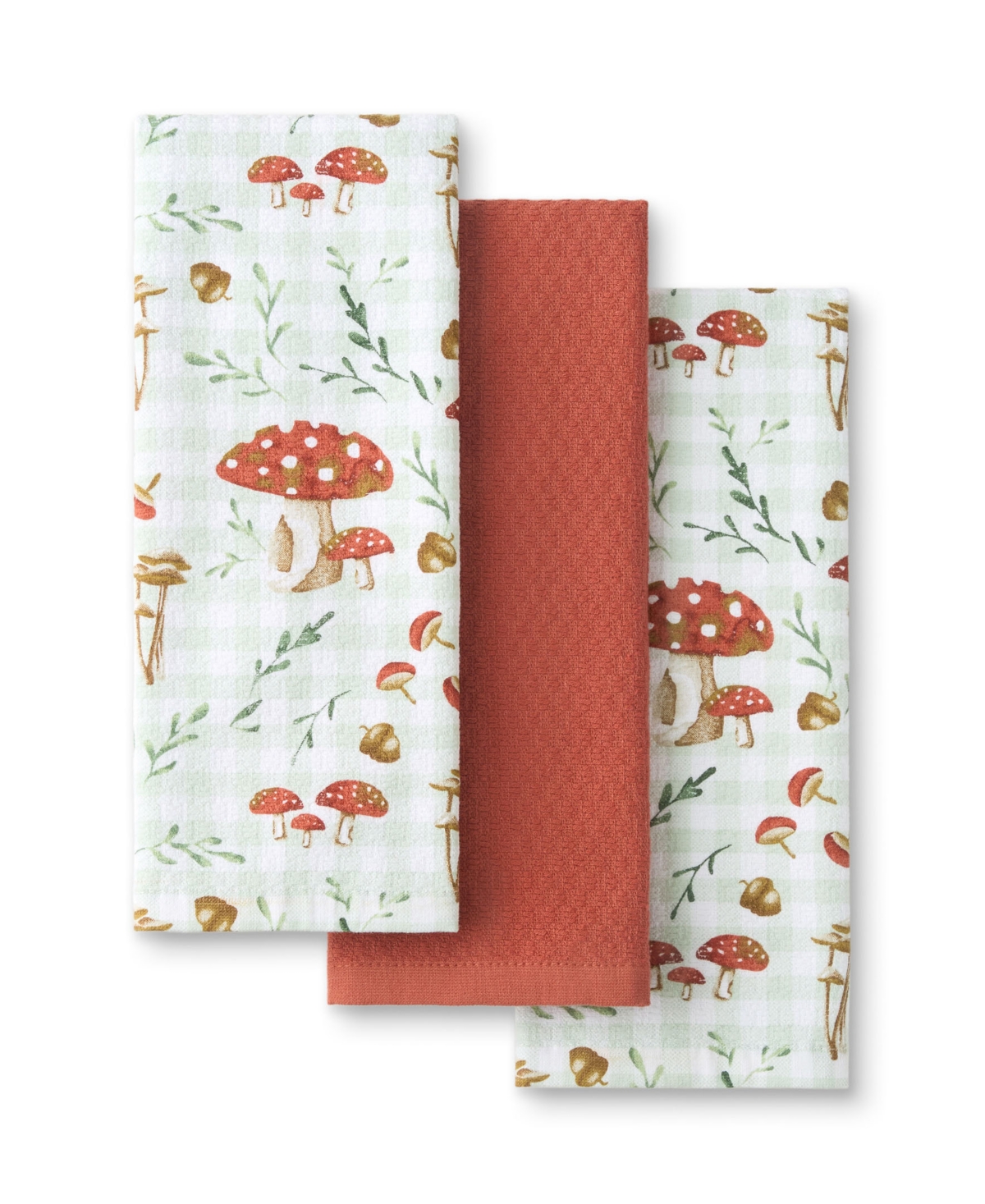 Autumn Harvest Mushroom Plaid Kitchen Towel, Set of 3 - Burnt Orange/Green/White