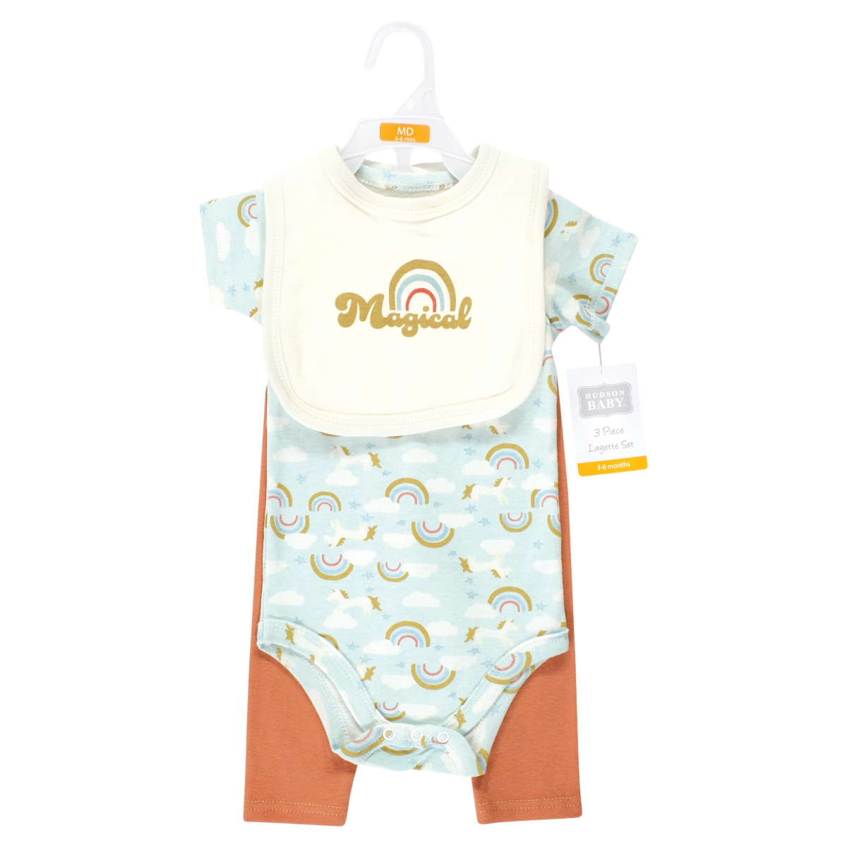 Hudson Baby Baby Girls Cotton Bodysuit, Pant and Bib Set,- Magical rainbow