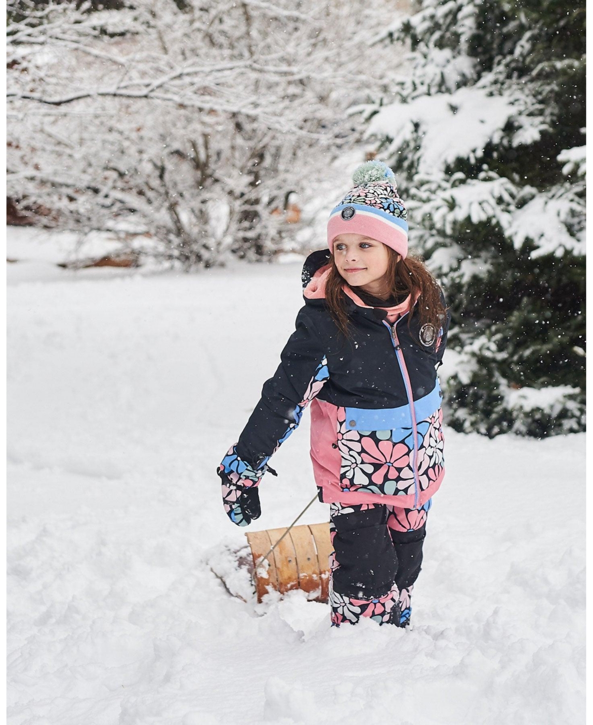 Deux par Deux Big Girls Two Piece Snowsuit- Black printed retro flowers
