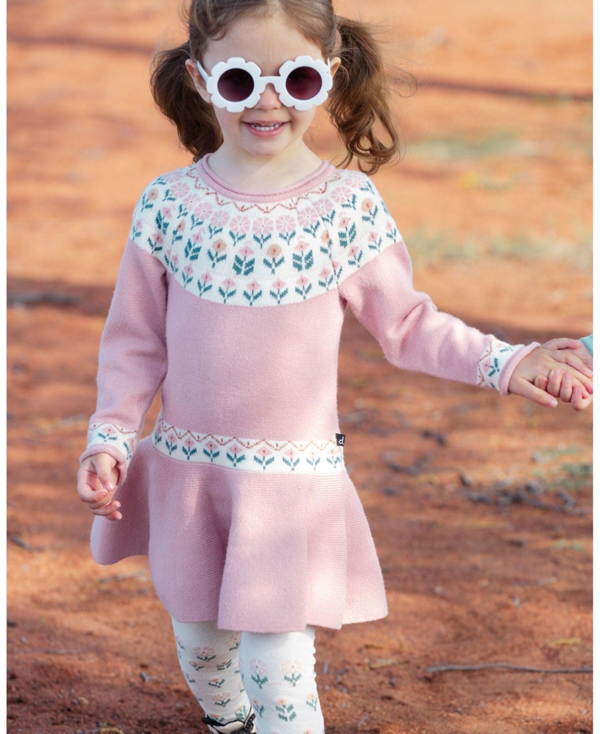 Deux par Deux Toddler Girls Knit Dress With Round Intarsia Flowers- Light pink
