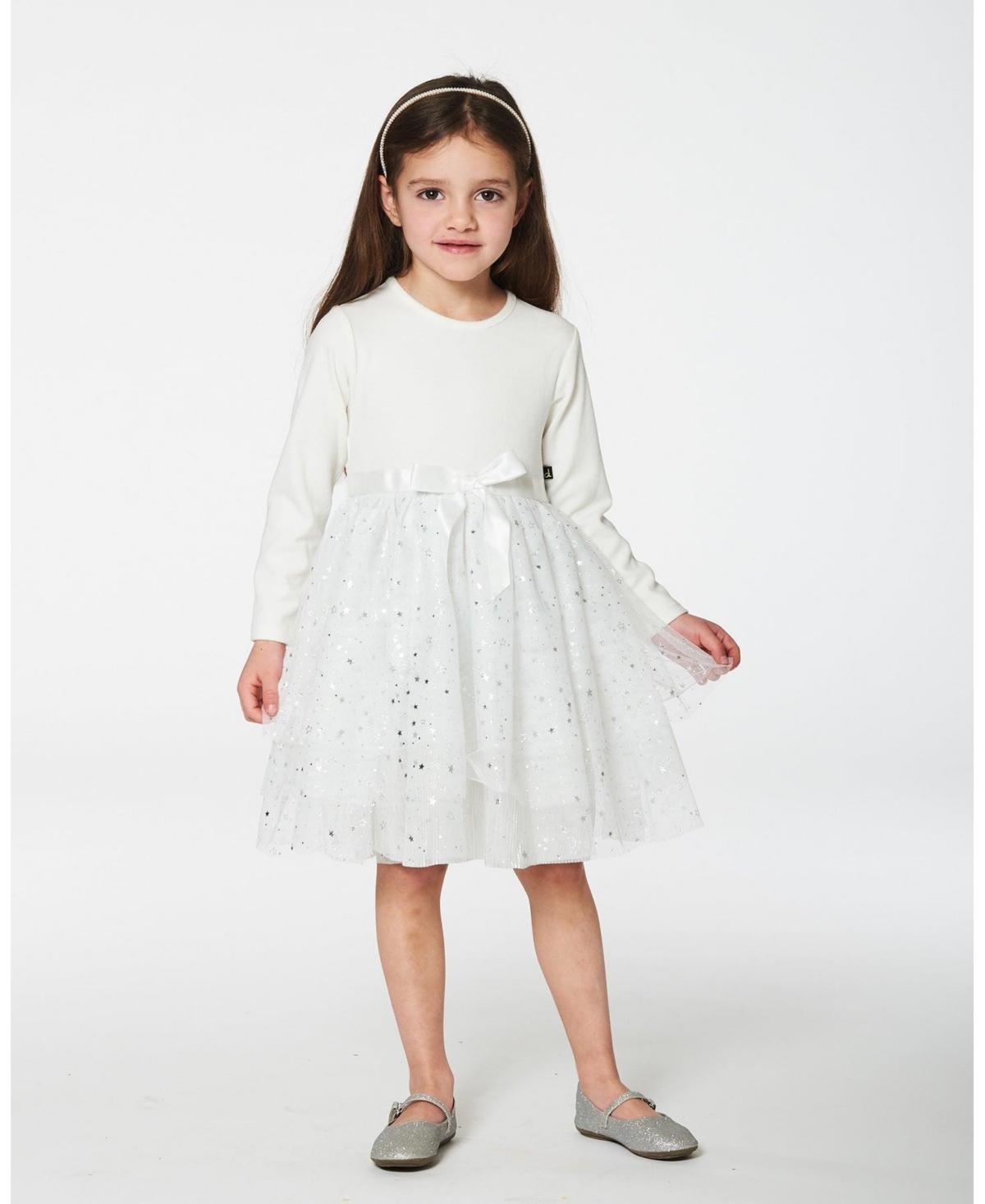 Deux par Deux Baby Girls Baby Bi-Material Dress With Glittering Tulle Skirt- Off white