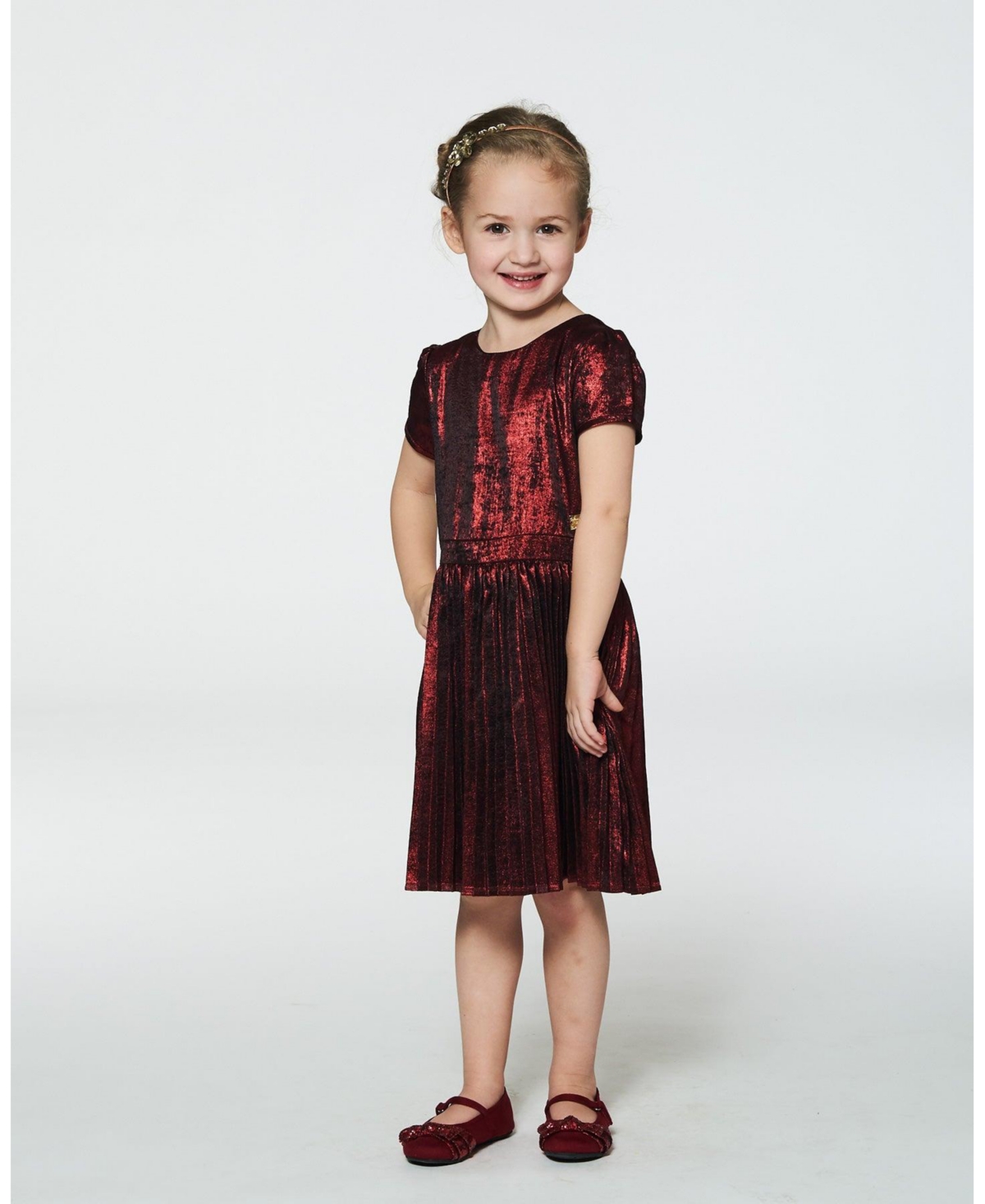 Deux par Deux Toddler Girls Short Sleeve Dress With Pleated Skirt- Metallic red