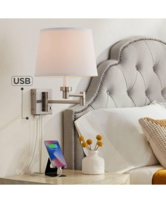 Vero Modern Swing Arm Wall Lamp Brushed Nickel Plug-in Light Fixture with USB Charging Port White Drum Shade for Bedroom Bedside Reading
