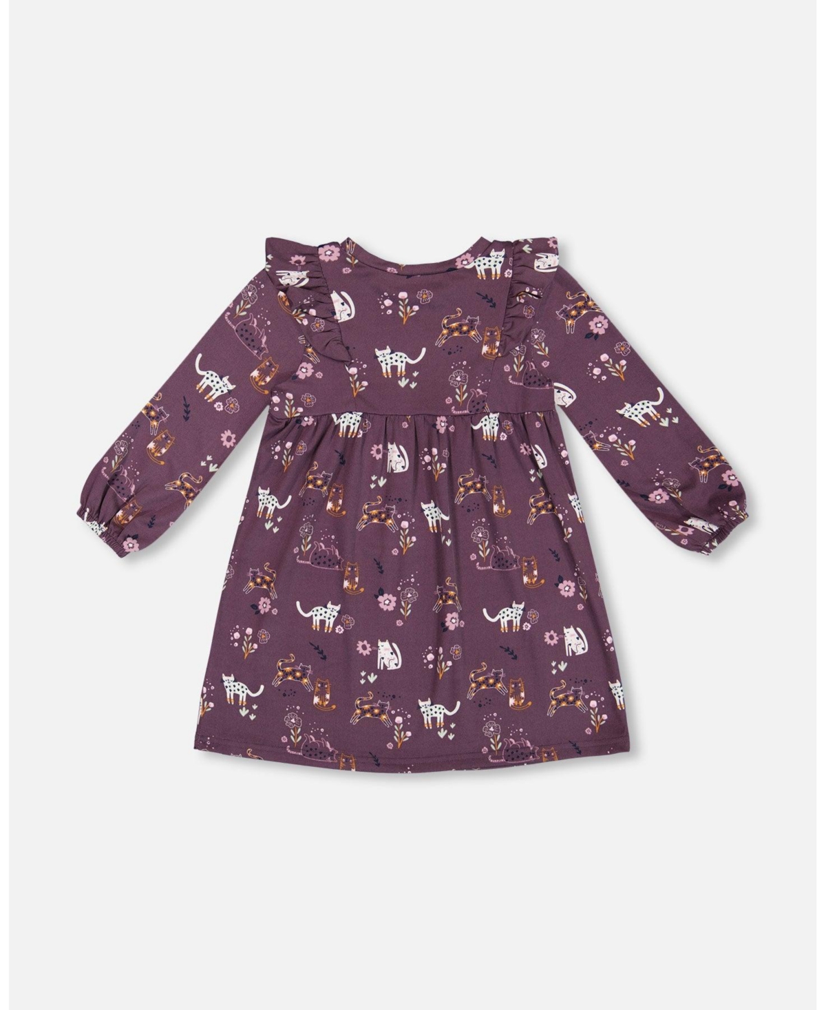 Deux par Deux Baby Girls Baby Dress With Frills- Mauve printed cats