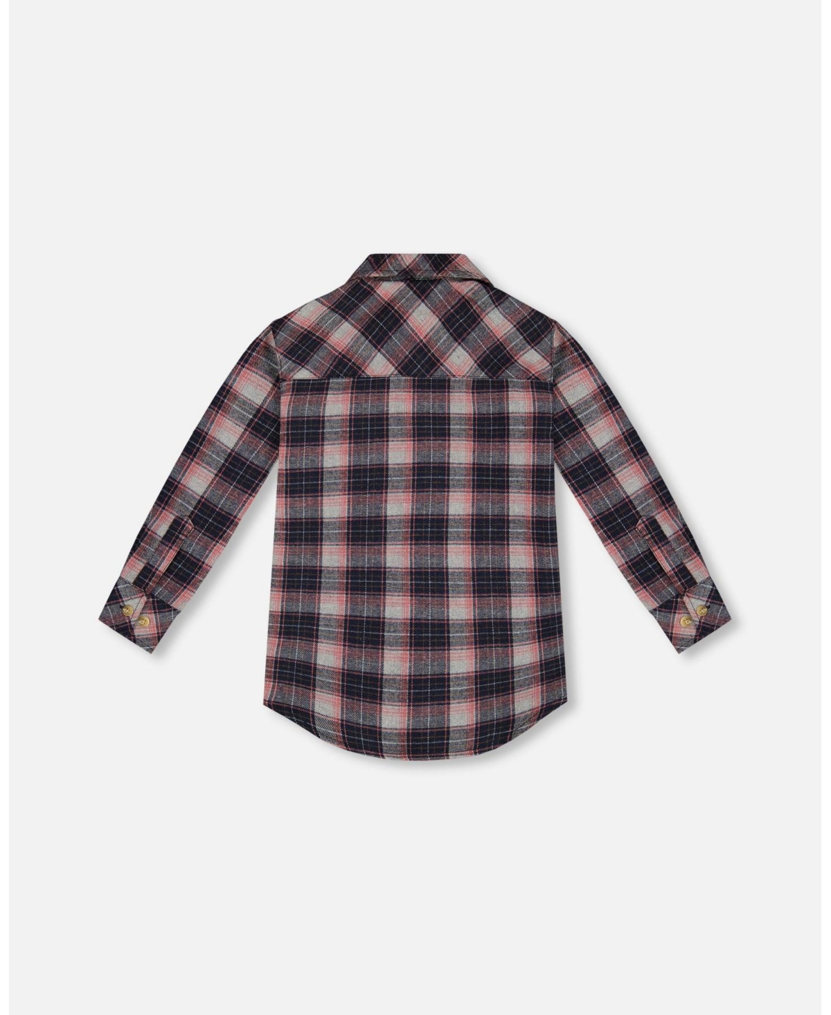 Deux par Deux Big Girls Long Sleeve Button Front Tunic Flannel Shirt Plaid Navy And Pink - Plaid navy and pink