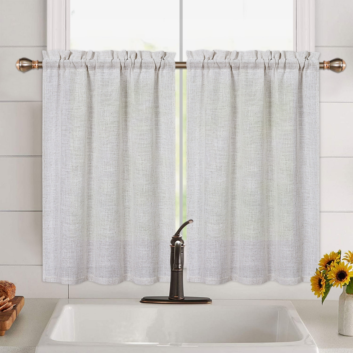 Linen Blend Kitchen Tier Window Curtain Pair, 52" x 24" - Natural Linen White
