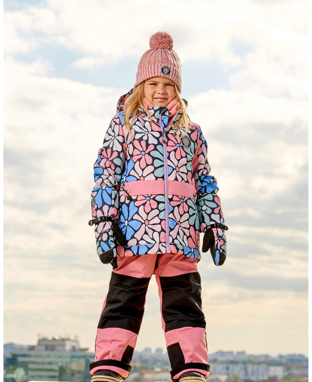 Deux par Deux Big Girls Two Piece Snowsuit Printed Retro Flowers With Pink - Printed retro flowers with pink