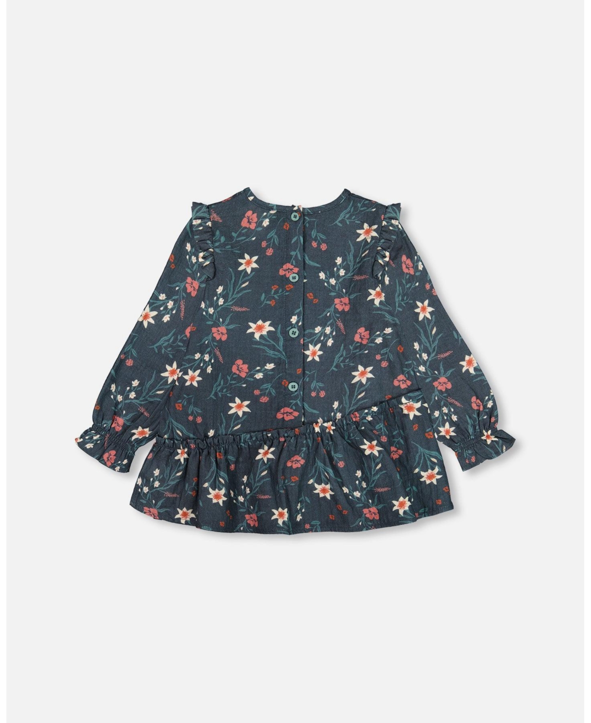 Deux par Deux Big Girls Printed Muslin Long Top Teal With Flowers