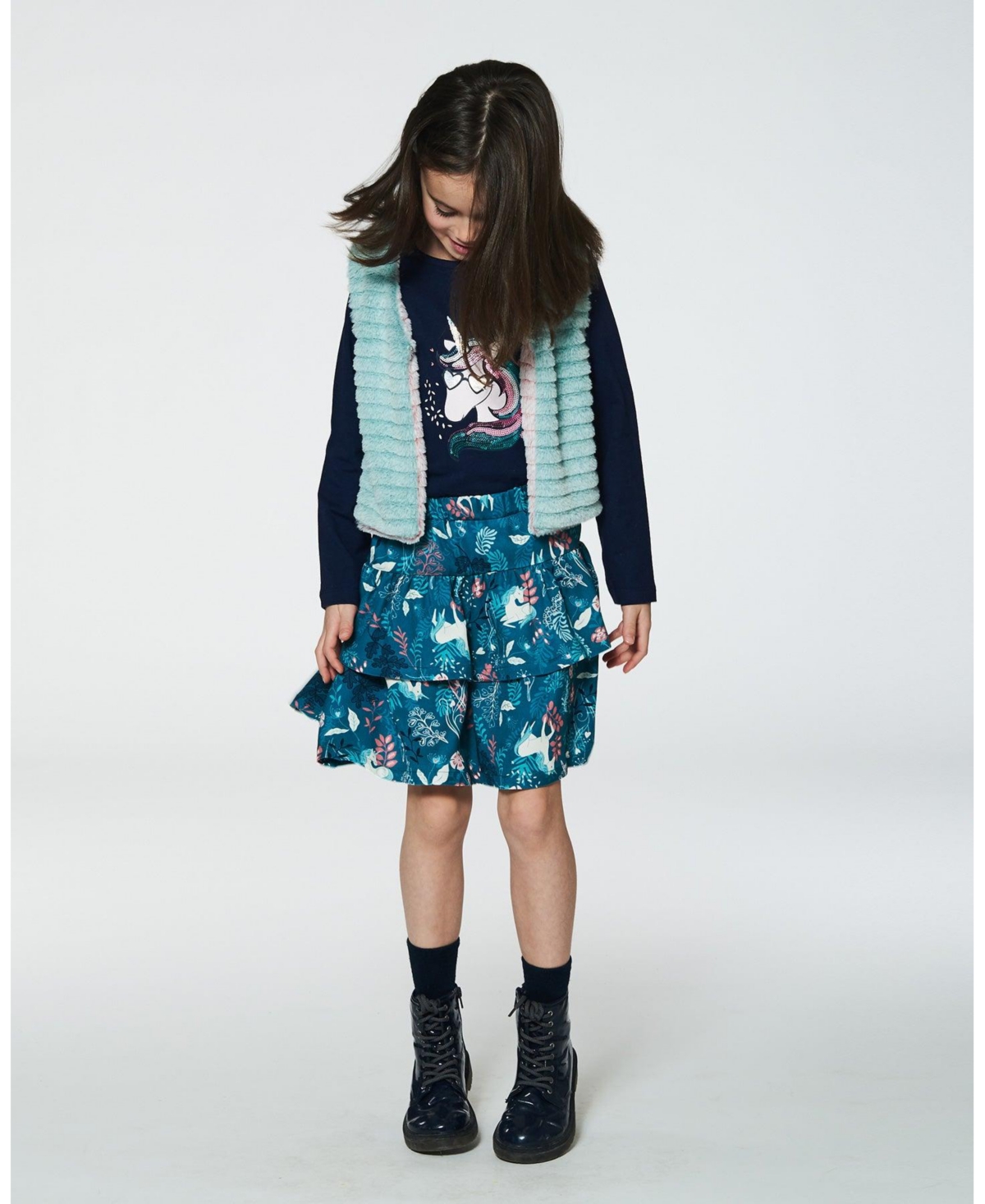 Deux par Deux Big Girls Organic Cotton T-Shirt With Print- Navy
