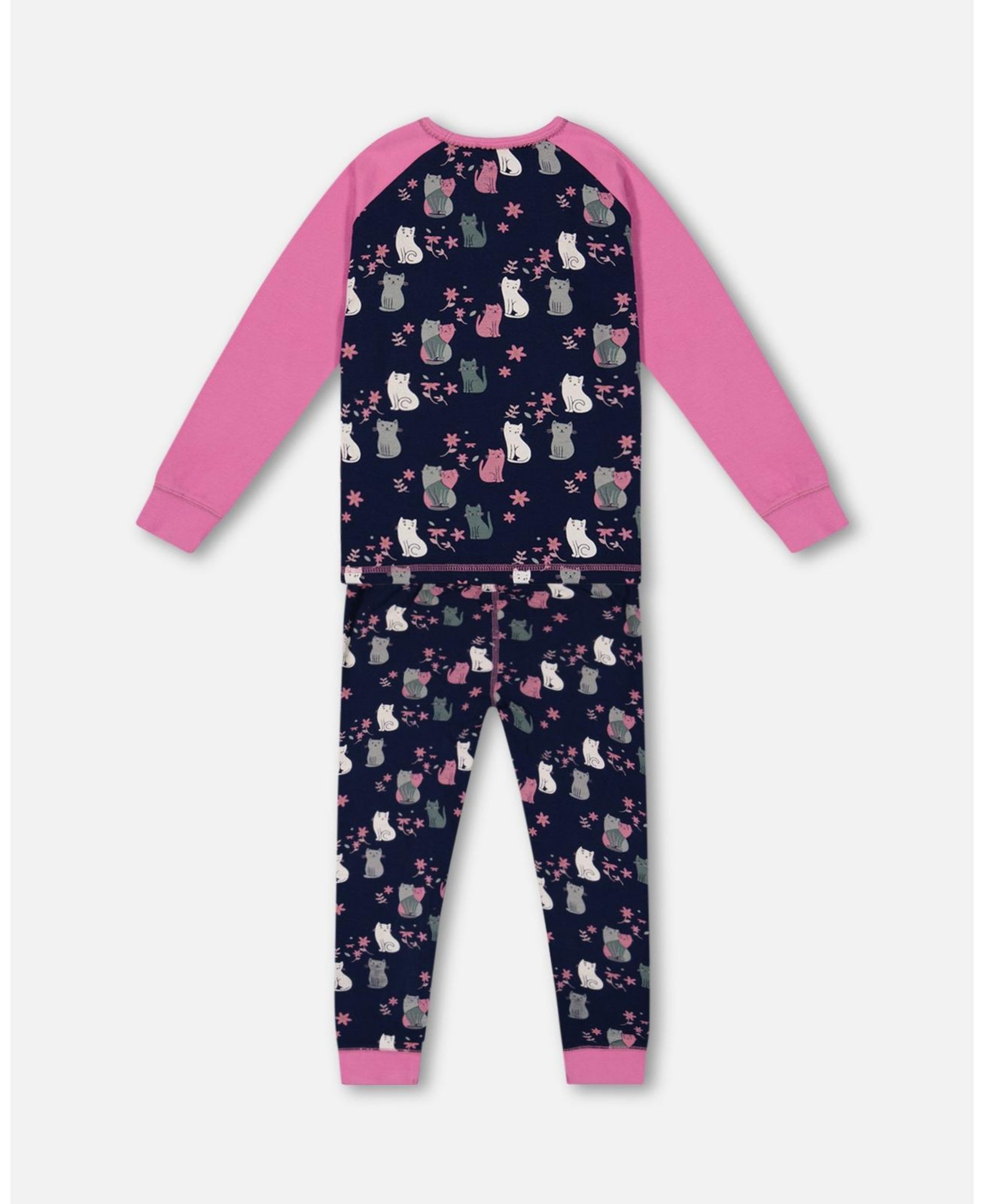 Deux par Deux Big Girls Organic Cotton Two Piece Pajama Set- Navy printed cats