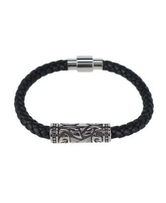 Loose Fit Silver Filigree Pattern On Black Leather Bracelet