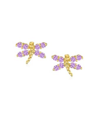 Tiny CZ Dragonfly Firefly Butterfly Stud Earrings 14K Yellow Gold Screw back