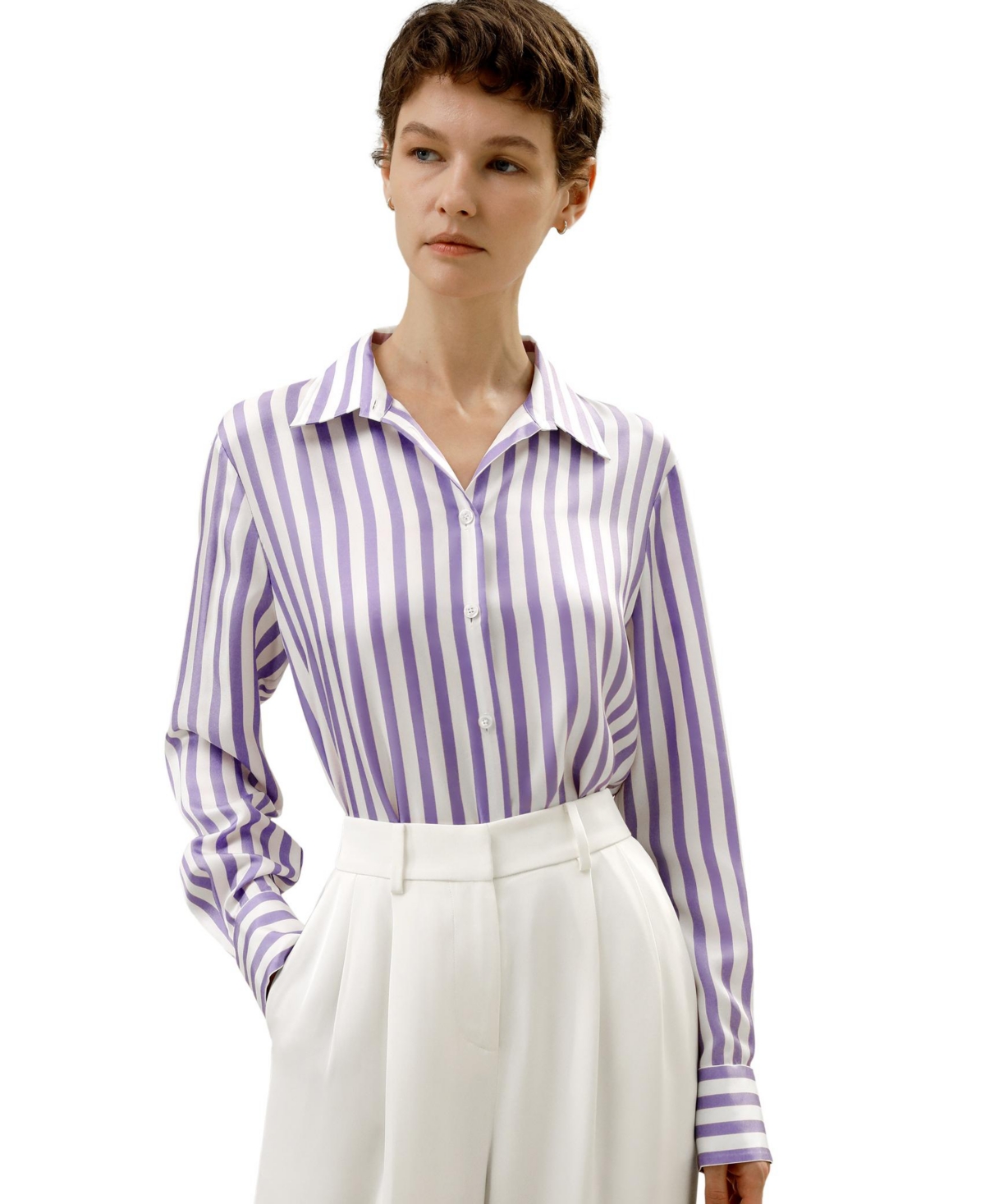 Women's Classic Striped Silk Shirt - Lilac white stripes