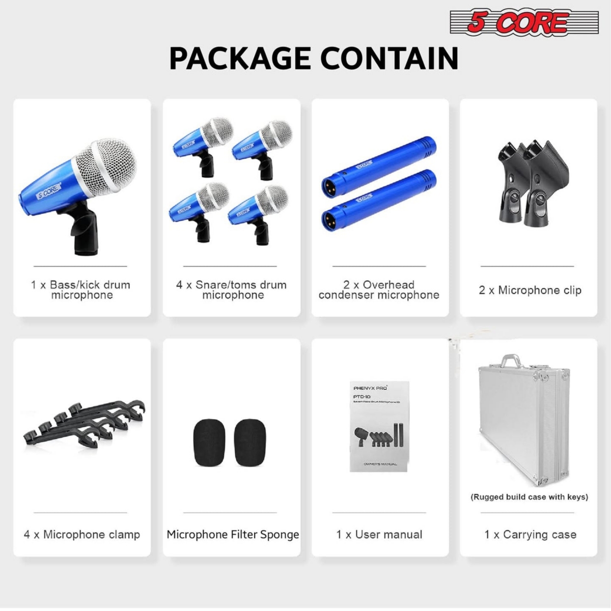 5 Core Drum Mic Kit 7 Piece Drumset Xlr Wired Dynamic Microphone Kick Bass, Tom/Snare & Cymbals Instrument Set for Studio and On Stage Live Use - Dm 7
