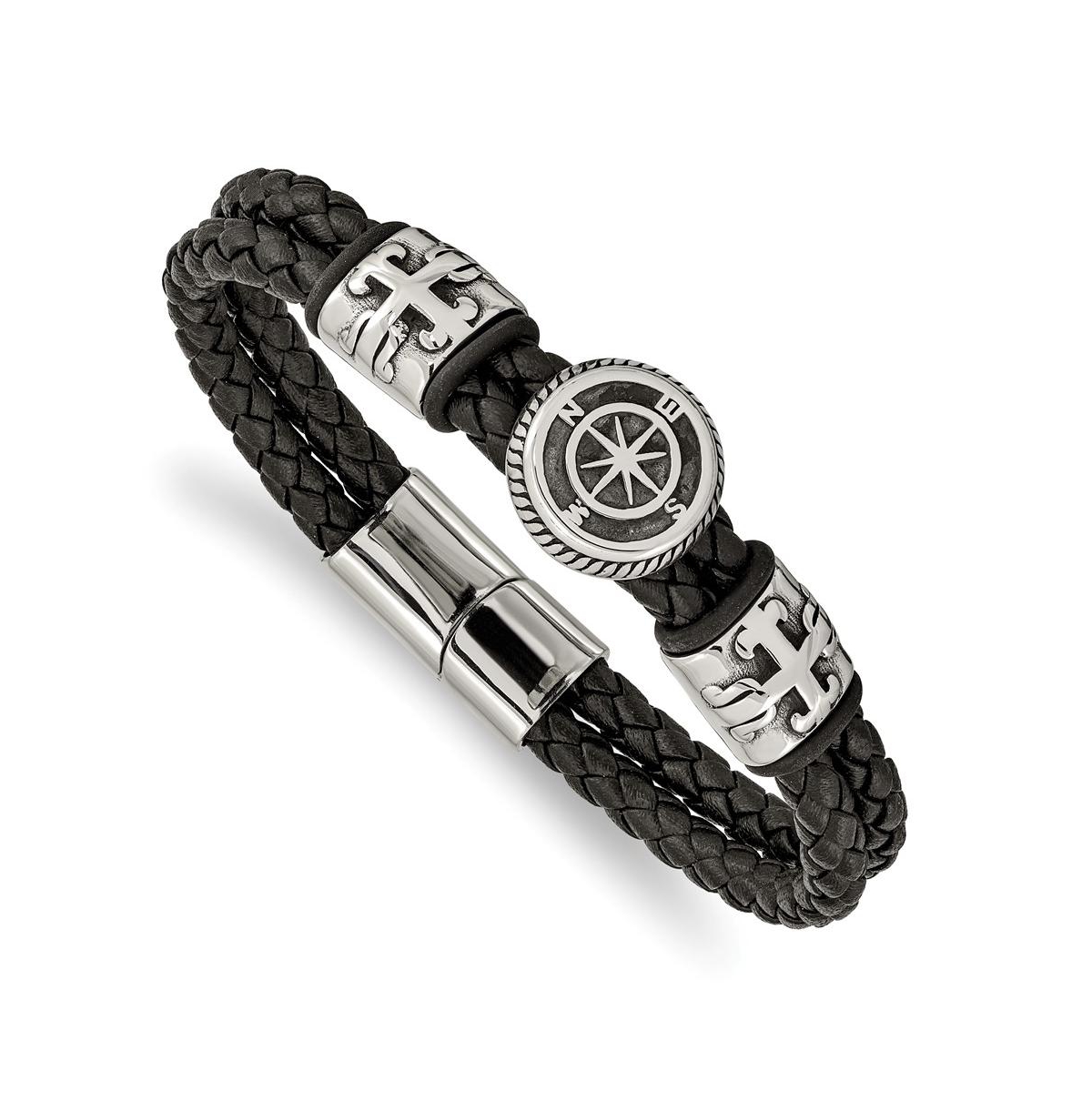 Stainless Steel Compass Black Leather Rubber Bracelet
