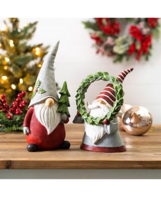 Holiday Gnome Figurine with Pine Tree and Wreath Accent (Set of 2)