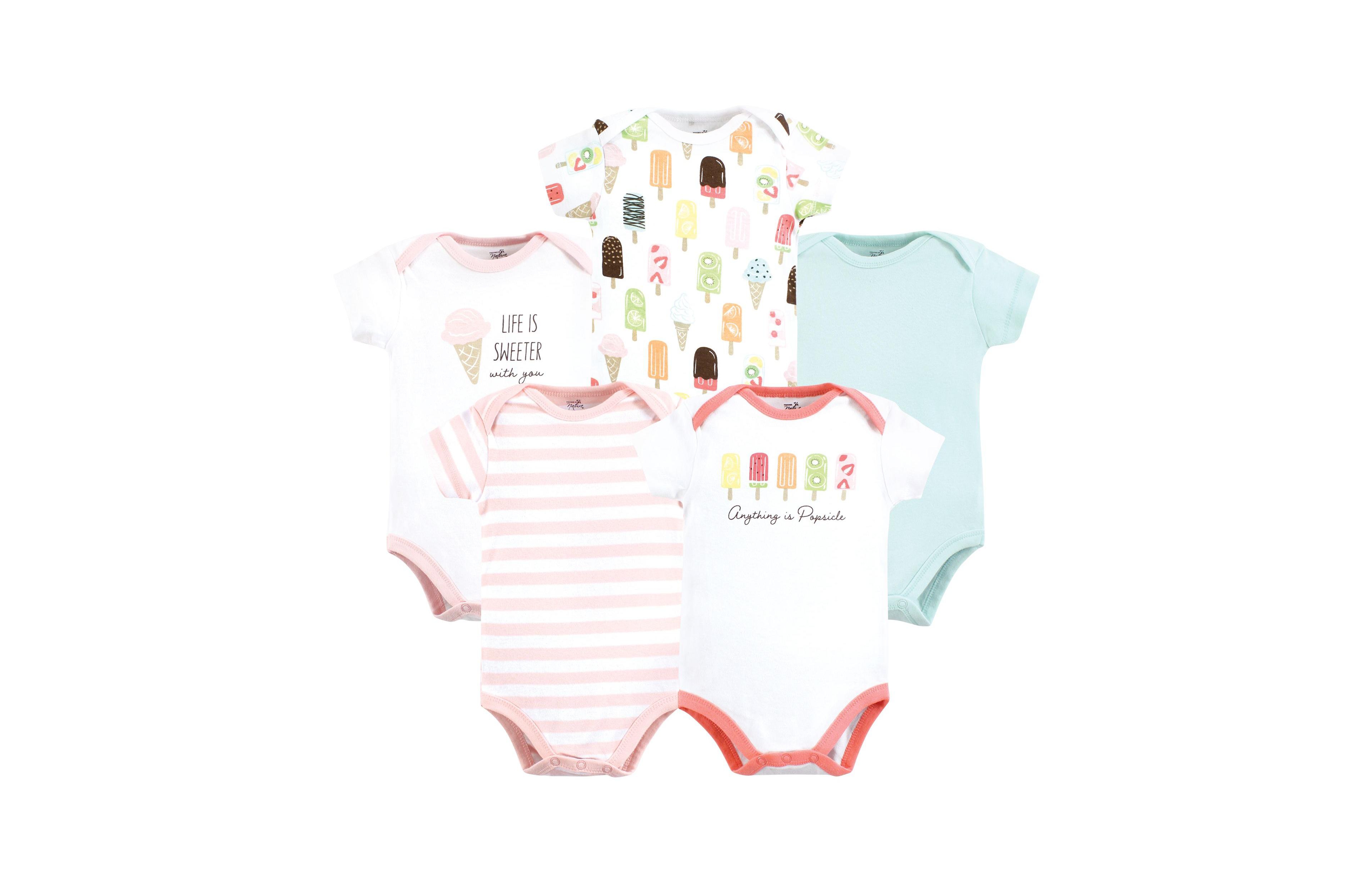 Touched by Nature Baby Girls Organic Cotton Bodysuits 5pk, Poppy, 3-6 Months