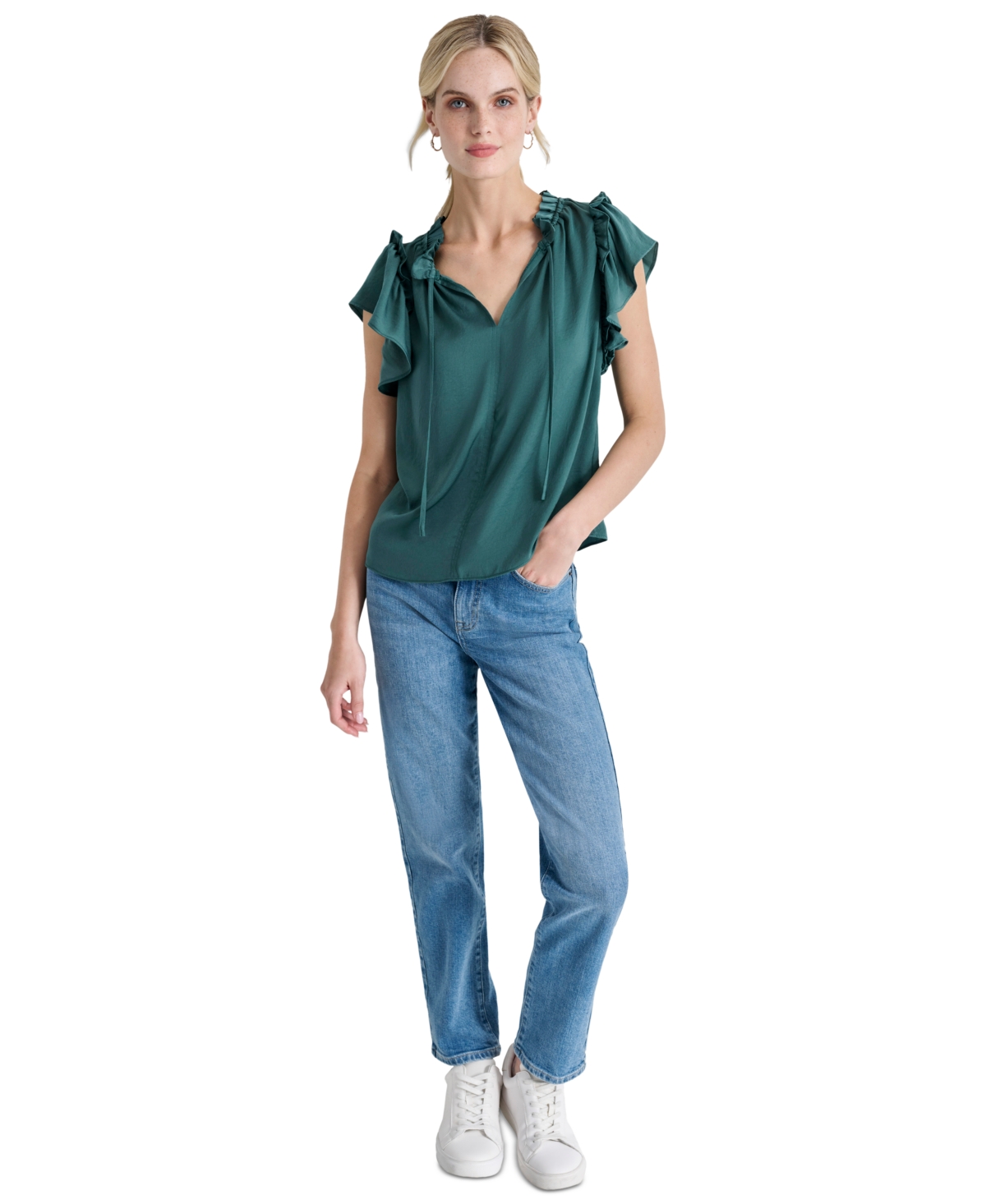 Dkny Jeans Women's Ruffle-Trim Split-Neck Top