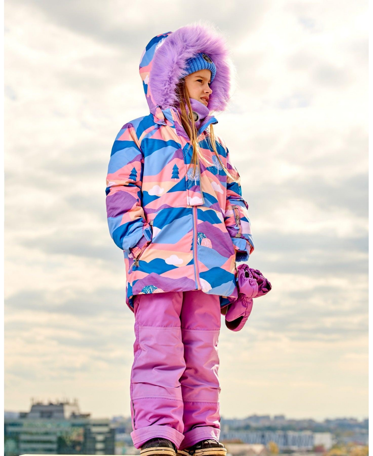 Deux par Deux Toddler Girls Two Piece Snowsuit- Mauve printed landscape