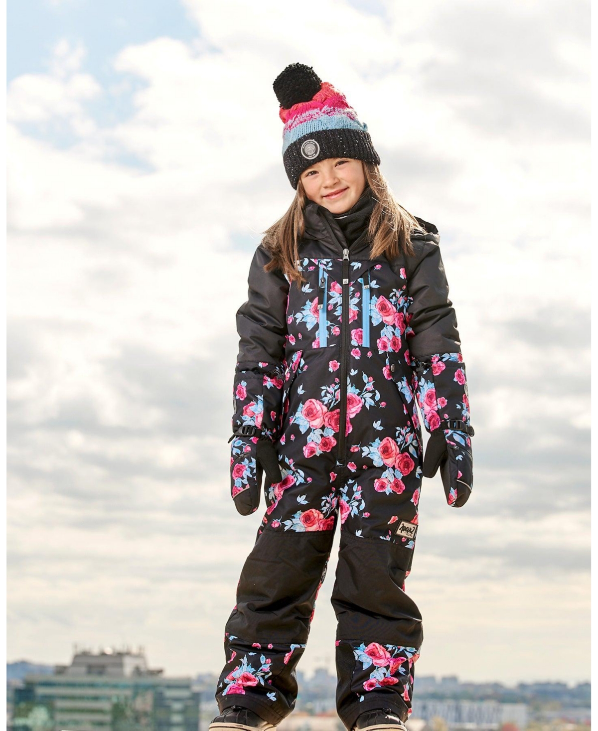 Deux par Deux Toddler Girls One Piece Technical Snowsuit- Black printed roses
