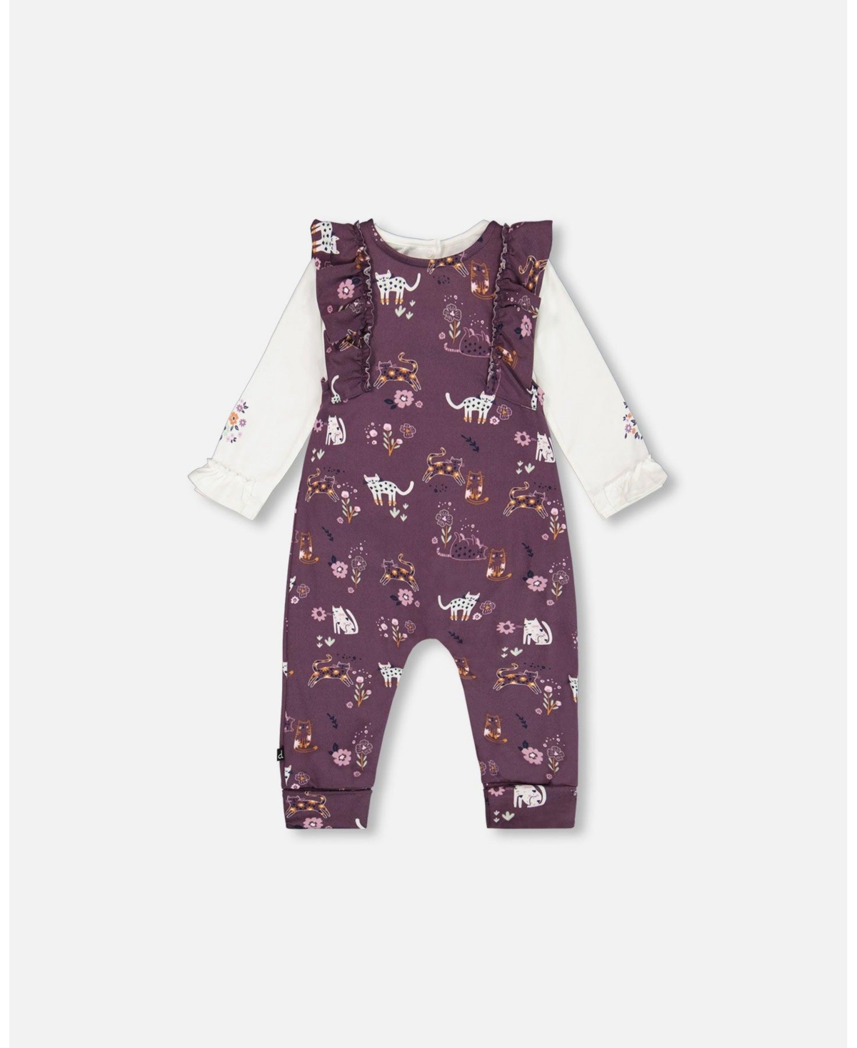 Deux par Deux Baby Girls T-Shirt With Brushed Overall Set- Mauve printed cats
