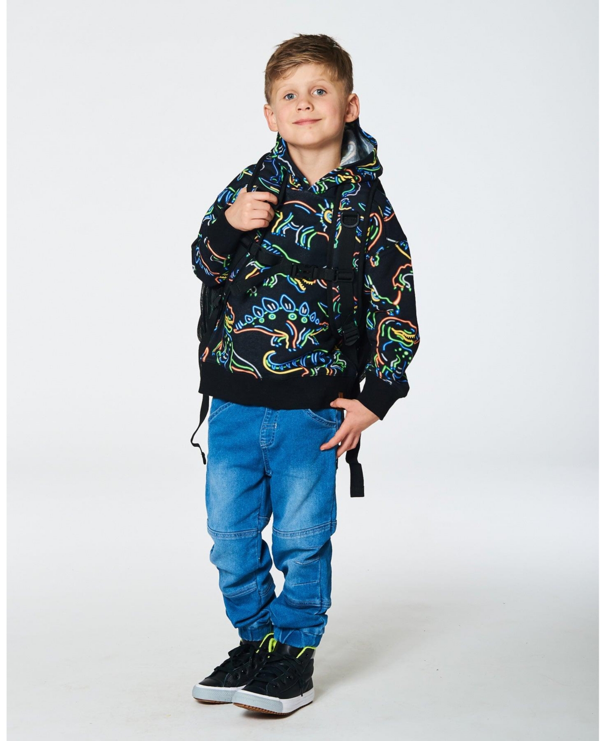 Deux par Deux Big Boys Printed Neon Dino Fleece Hooded Sweatshirt Black