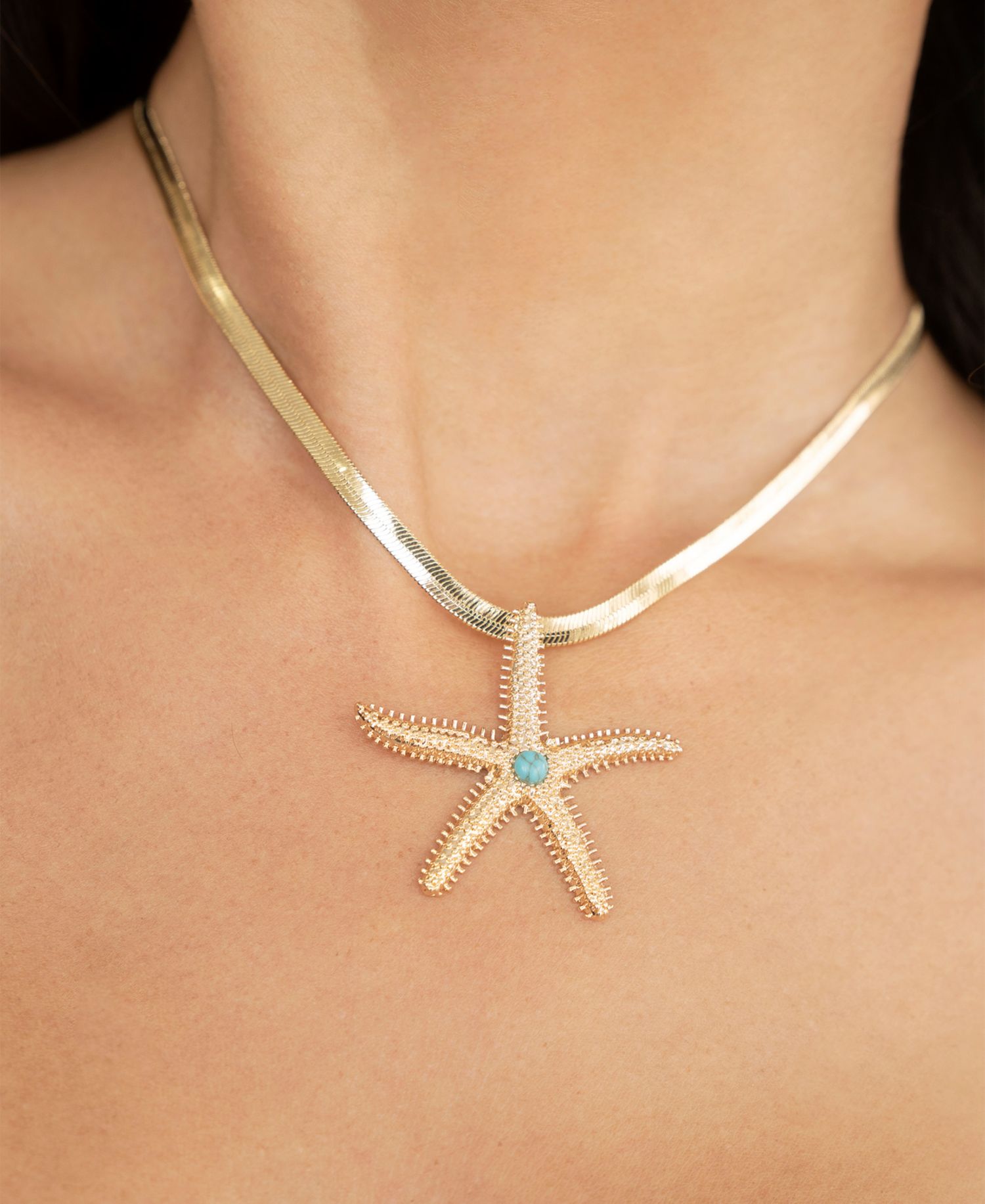 Turquoise Starfish Pendant Herringbone Chain Necklace