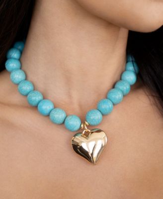 Chunky Beaded Turquoise Gold Heart Necklace