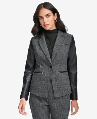 Calvin Klein Petite Faux Leather Trim Blazer Blck Multi