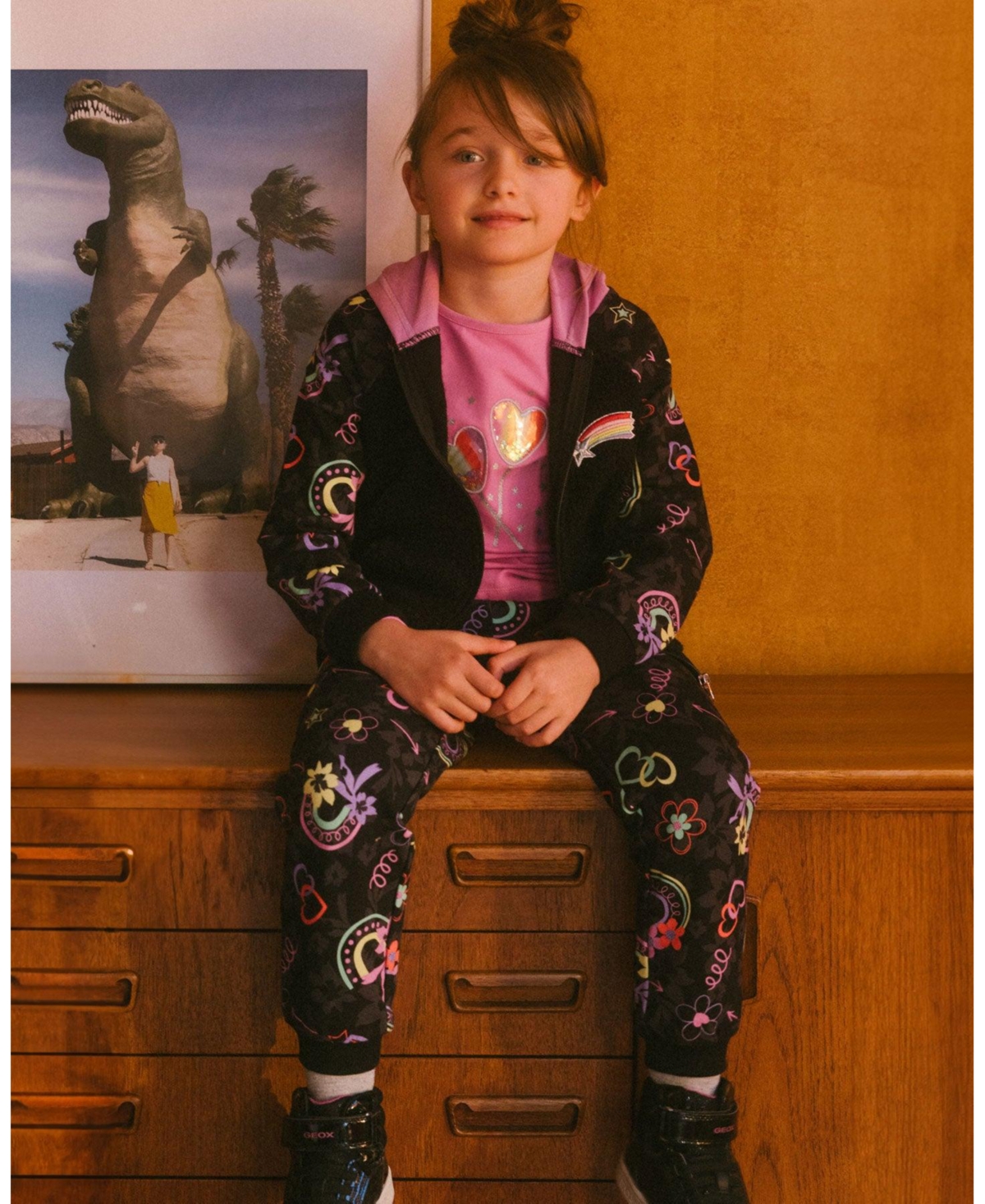 Deux par Deux Big Girls Joggers- Black printed rainbow hearts