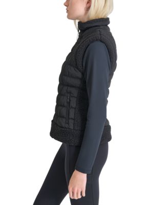 Women's Horizontal Channel Quilted Mock Neck Puffer Vest with Sherpa