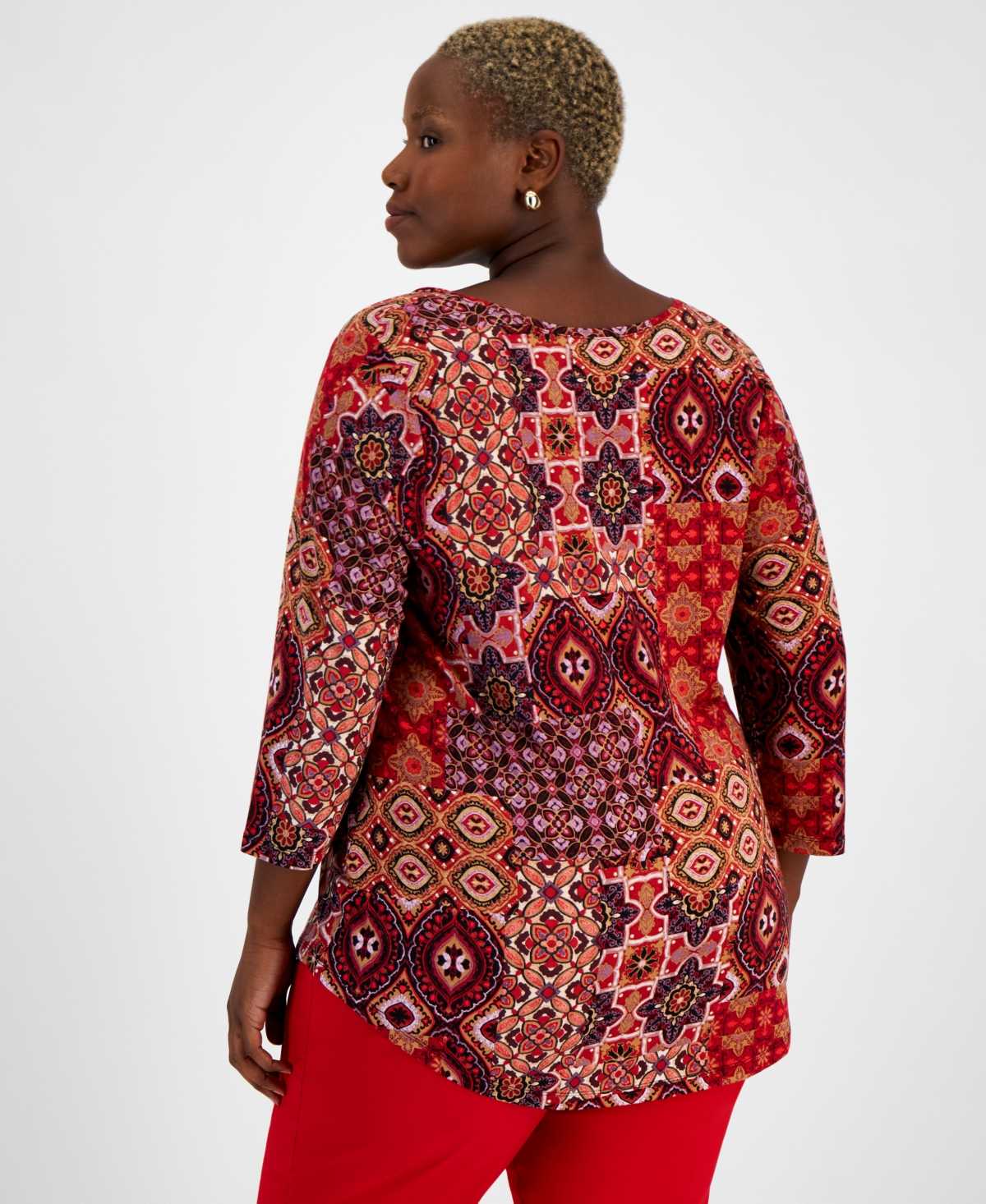 Jm Collection Plus Size Regal Tiles 3/4-Sleeve Top, Created for Macy's