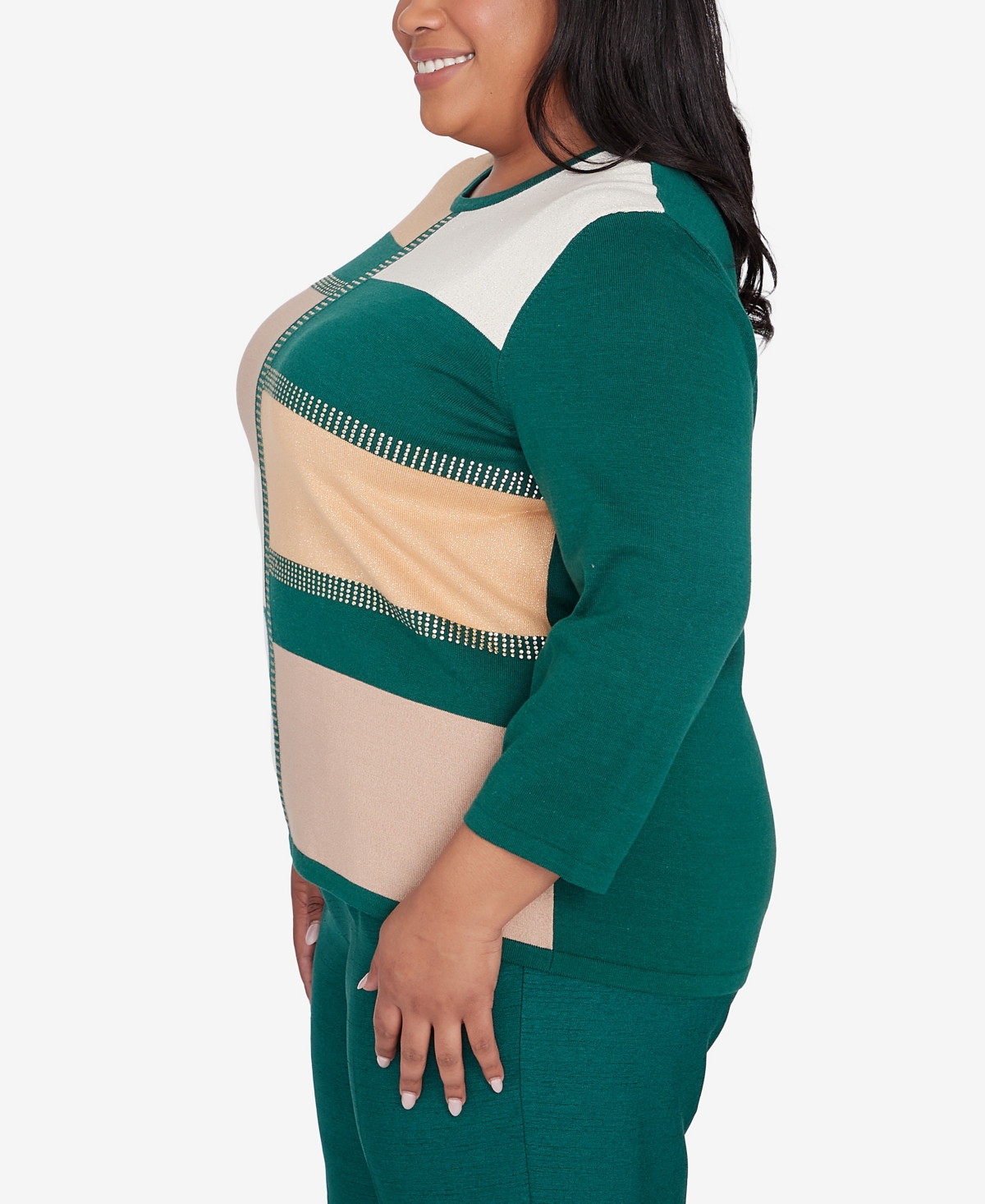 Alfred Dunner Plus Size Emerald Isle Color Blocking Gold Trim Sweater In Multi Green