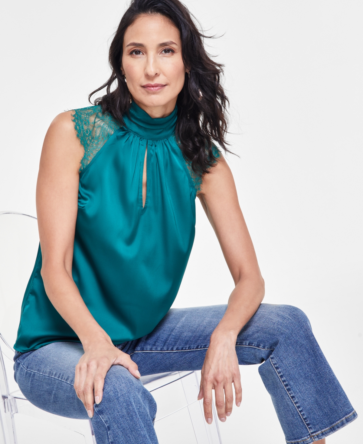 I.n.c. International Concepts Women's Sleeveless Lace Detail Blouse, Created for Macy's