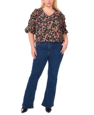 Vince Camuto Women's Plus Size Printed V-Neck Bubble Sleeve