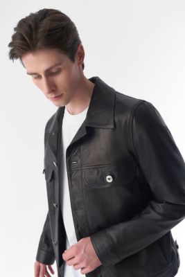 Men's Genuine Leather Trucker Jacket, Natural Grain Black