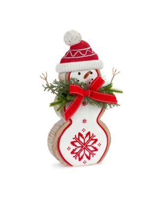 Nordic Snowflake Snowman Figurine with Pine Bow Accent (Set of 2)